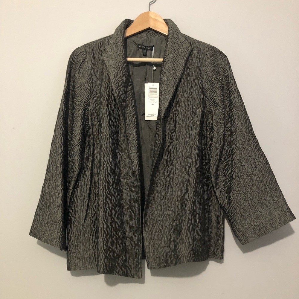 NWT Eileen Fisher Silk Textured Open Front Women’s Small Jacket Gray Blazer